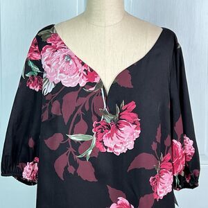 Floral Chiffon Sheath Dress Adrianna Papell Lined Black Pink 3/4 Sleeves 14 NEW